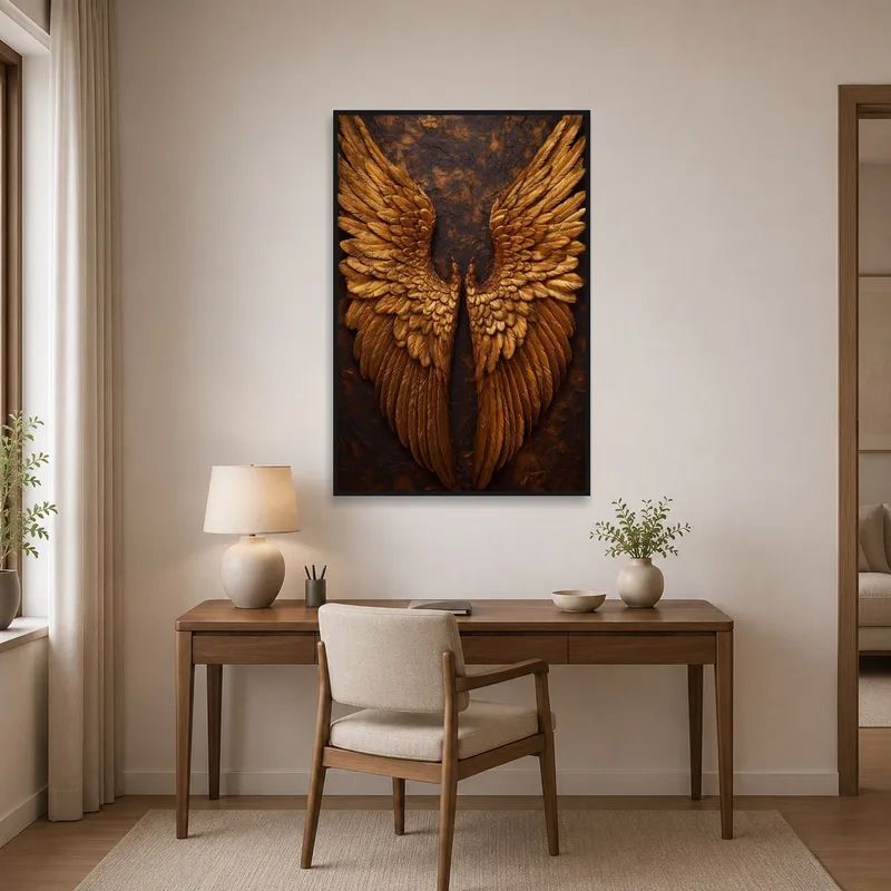 In a home office, the Golden Wings print inspires creativity, hovering over a neat workspace.