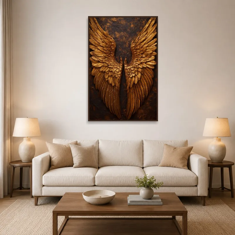 The Golden Wings print adds warmth to a cozy living room, complementing plush seating and wooden accents.