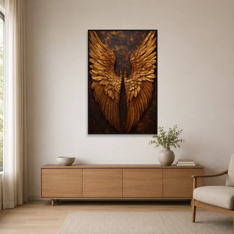 Golden Wings art enhances a minimalist space with subtle hues, creating a touch of elegance to blank walls.