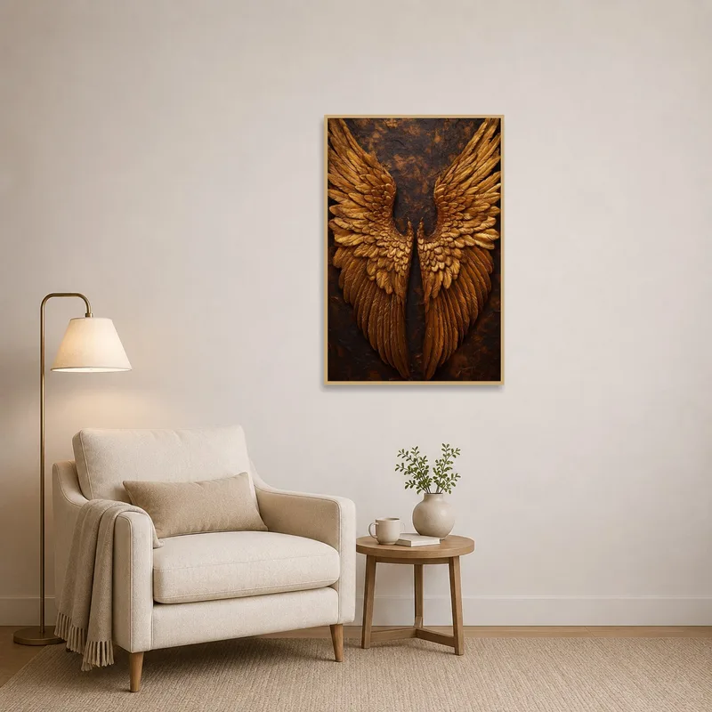 Golden Wings art illuminates a reading corner with its rich textures, nestled among shelves of books.