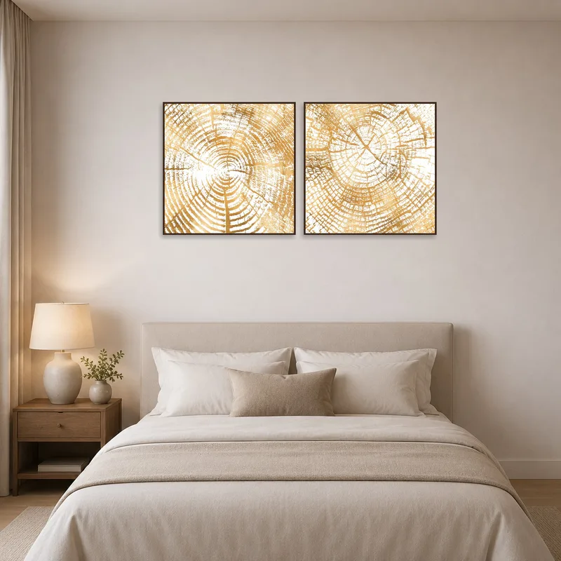 Golden wood rings art set bringing elegance to a serene bedroom.