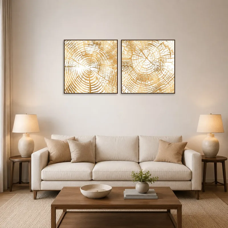 Golden wood rings art set hanging above a modern sofa in the living room.