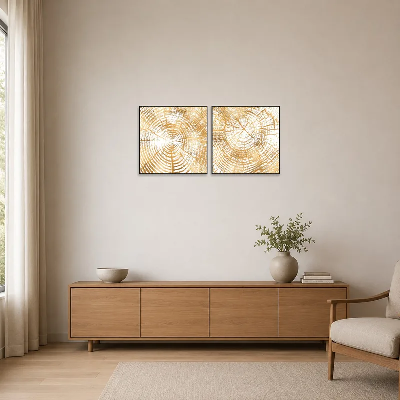 Golden wood rings art set on a white wall in a minimalist room.