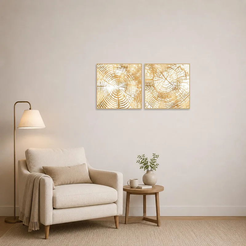 Golden wood rings art set adding warmth to a cozy reading corner.