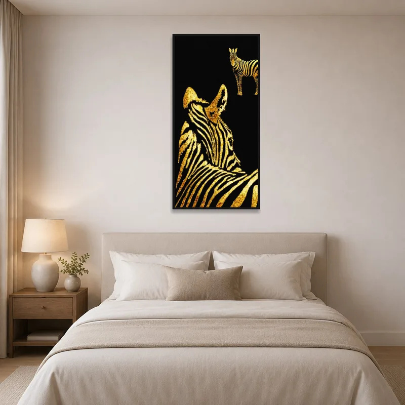 Golden zebra silhouettes creating a focal point in a serene bedroom.