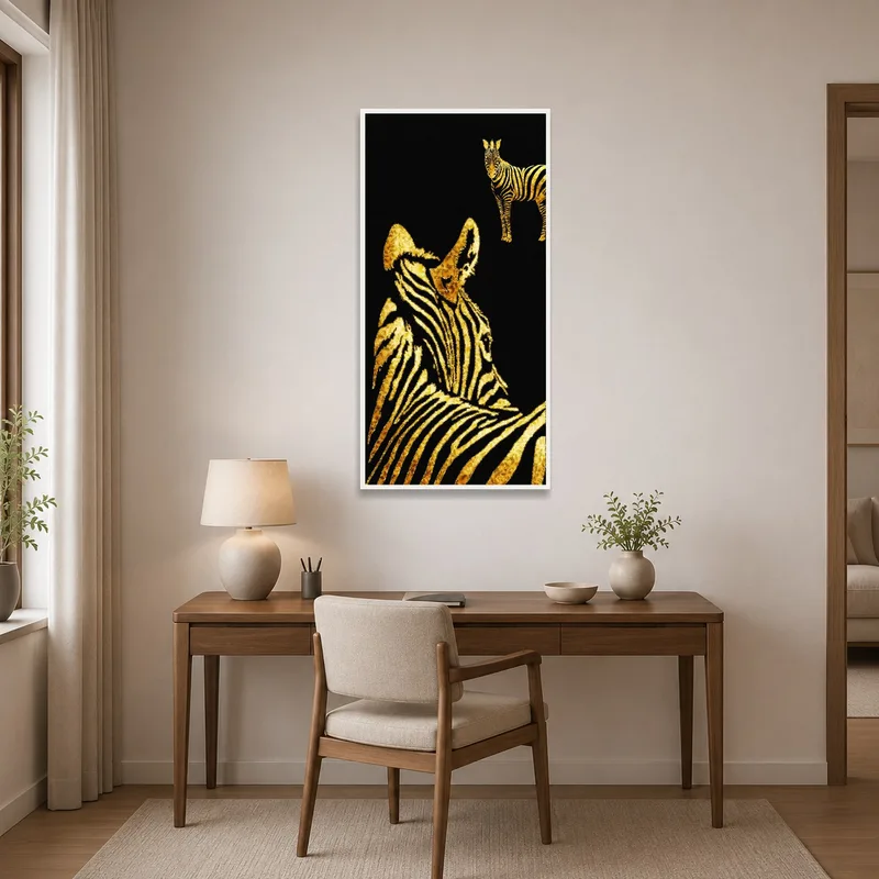 Golden zebra silhouettes inspiring creativity in a modern home office.