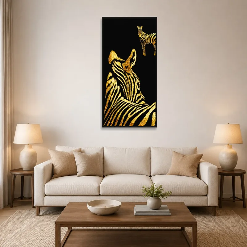 Golden zebra silhouettes on black hanging in a cozy living room.
