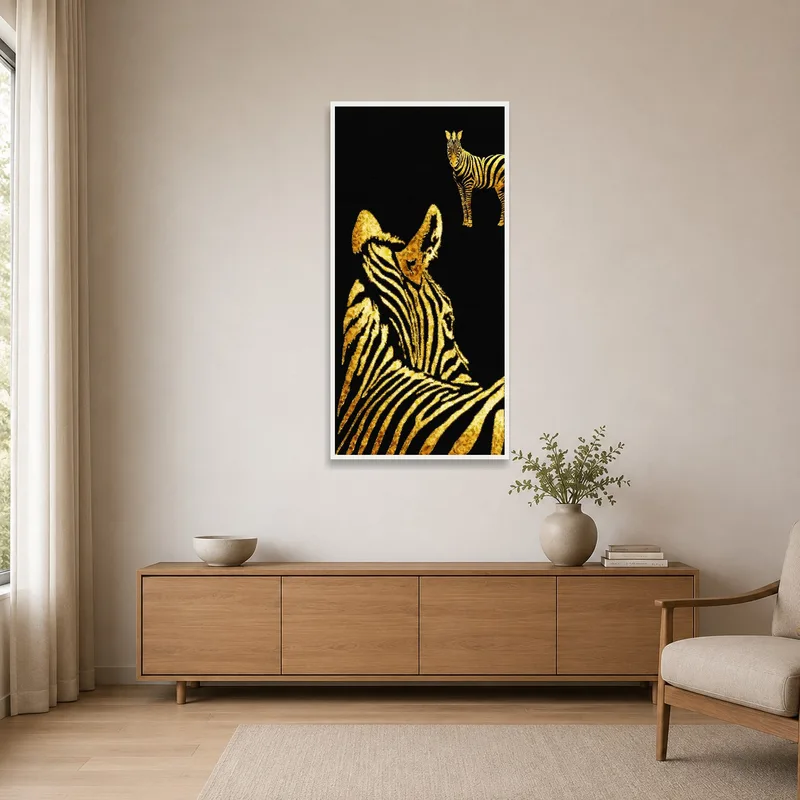 Golden zebra silhouettes adding charm to a sleek minimalist setting.