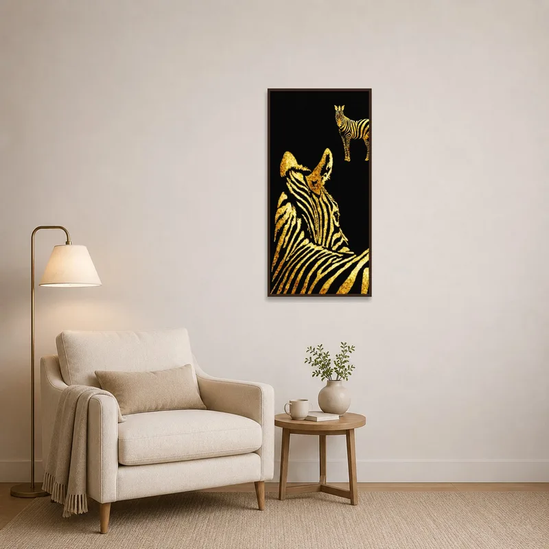 Golden zebra silhouettes on black brightening a tranquil reading corner.