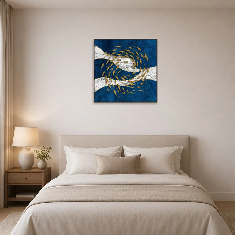 Goldfish and marble pattern art creating a serene and stylish vibe in a bedroom.
