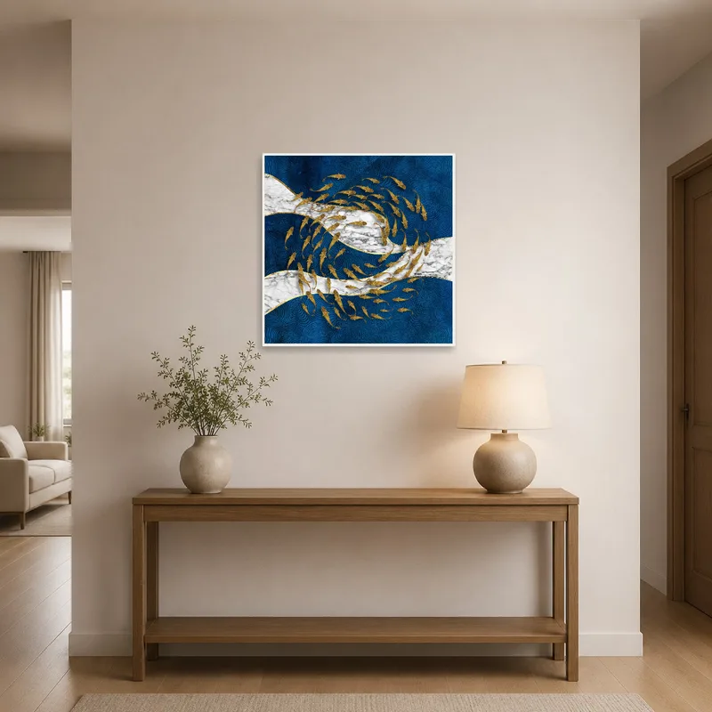 Goldfish on marble and blue design bringing elegance and interest to an entrance hall.