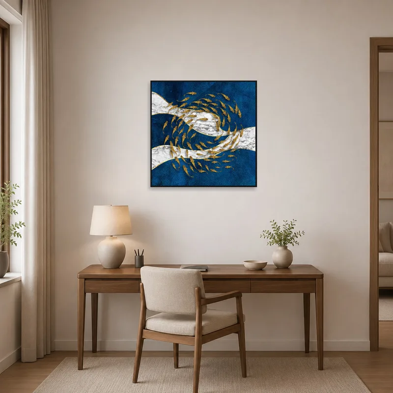A sophisticated goldfish design with marble and blue elements inspiring a home office.