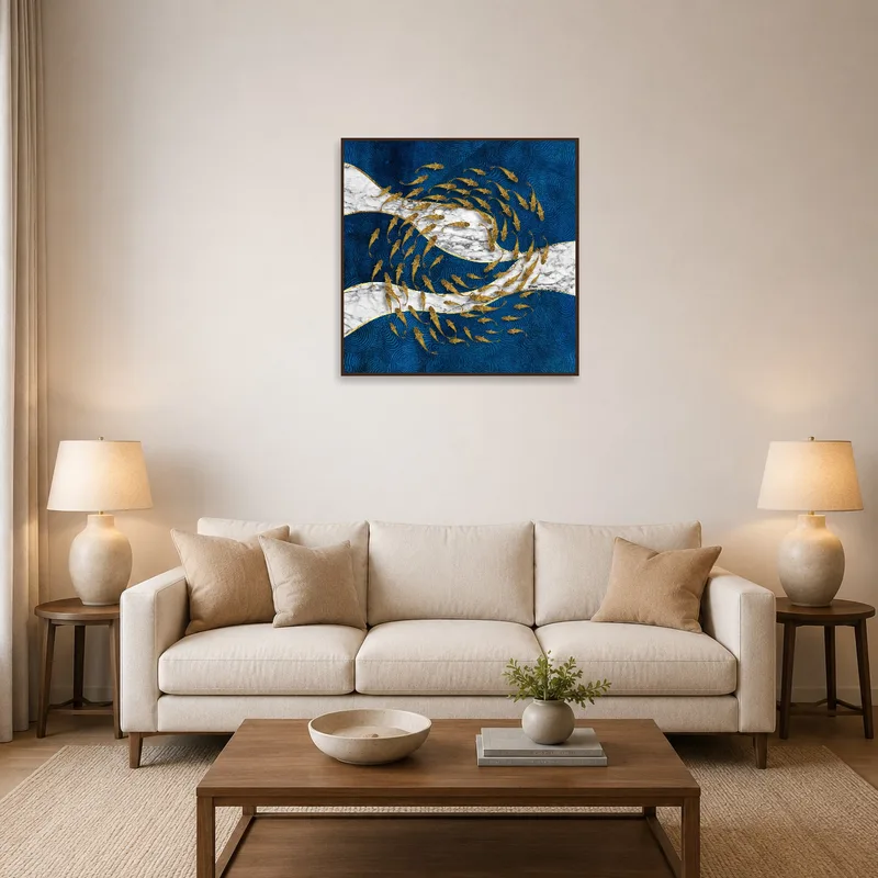 A bold artwork featuring goldfish against marble and blue patterns, adding intrigue to a living room.