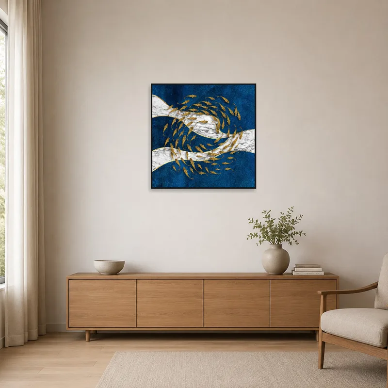 A striking piece showcasing goldfish and blue marble motifs, complementing a minimalist space.
