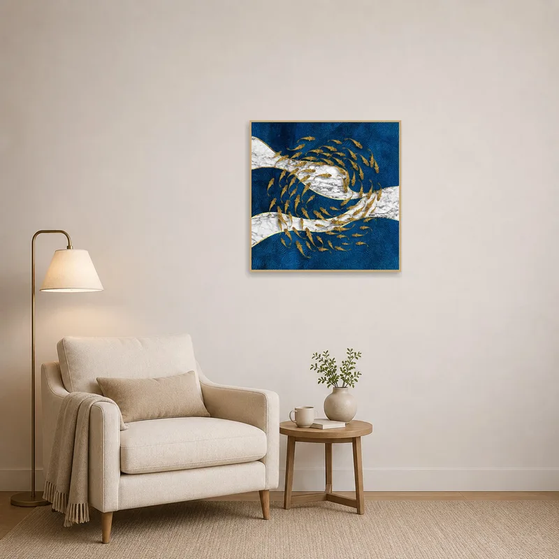 Artwork of goldfish on blue and marble enhancing a cozy reading corner.