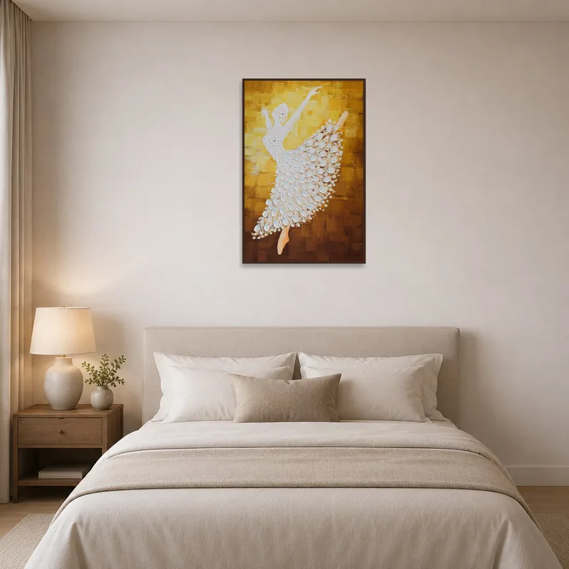Bedroom scene displaying 'Graceful Ballet Dancer in Textured Gold' above the headboard.