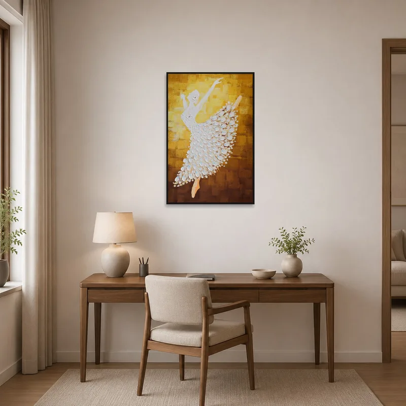 Home office scene with 'Graceful Ballet Dancer in Textured Gold' bringing sophistication to the workspace.