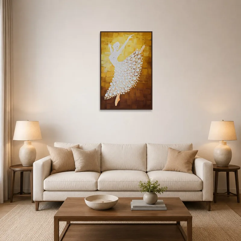 A living room with 'Graceful Ballet Dancer in Textured Gold' beside modern furniture.