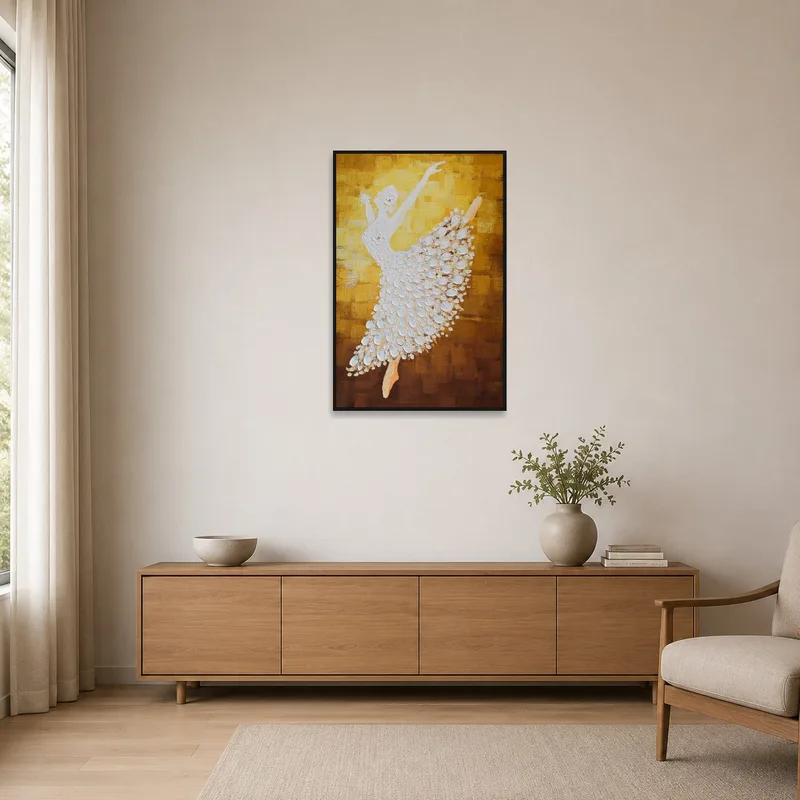 A minimalist setting with 'Graceful Ballet Dancer in Textured Gold' as the focal wall piece.