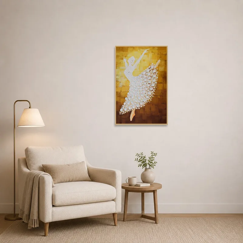 Reading corner adorned with 'Graceful Ballet Dancer in Textured Gold' enhancing the cozy nook.