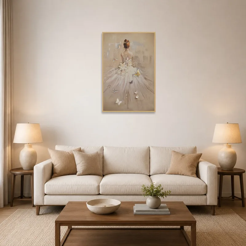 Ballet dancer with butterflies adds elegance to the living room wall.