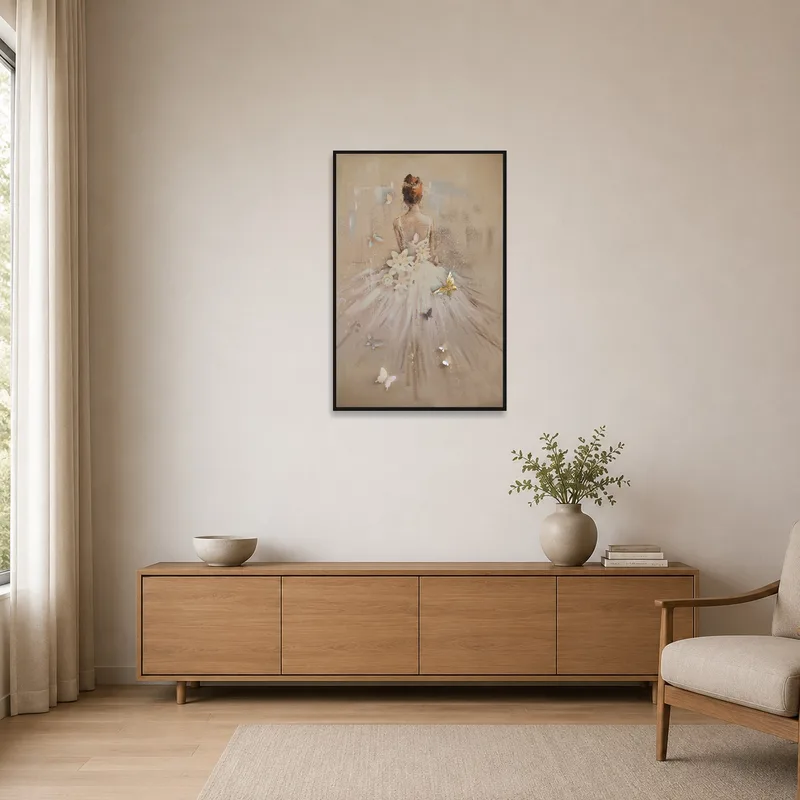 Minimalist space enhanced by ballet dancer art with butterflies.