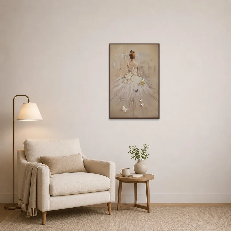A graceful ballet dancer art piece complements the reading corner.