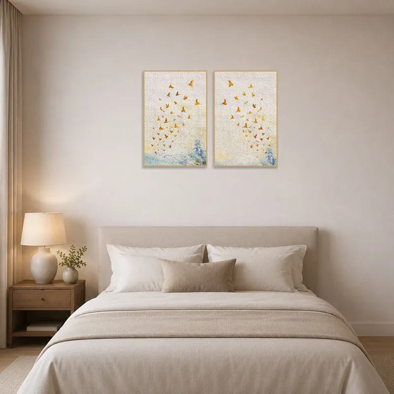 Bird diptych brings tranquility to a bedroom space.