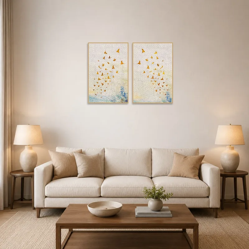 Wall art showing birds in flight adorns a stylish living room.