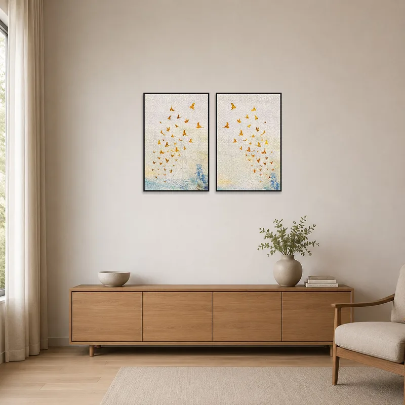 Bird diptych adds a serene touch to a minimalist setting.
