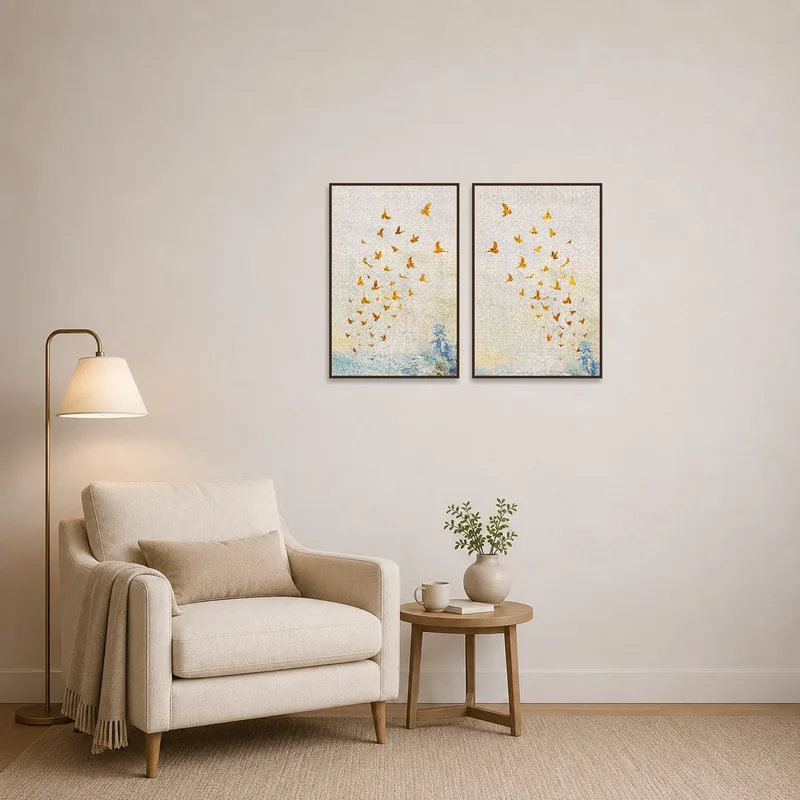 A pair of bird artworks enhances a cozy reading corner.