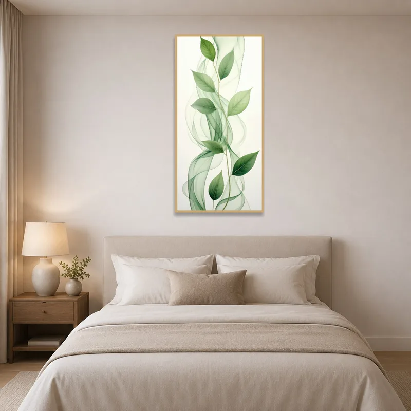 Bedroom adorned with serene art of green leaves with gentle waves for a peaceful feel.