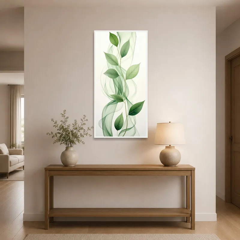 Entrance hall showcasing an inviting art piece of graceful green leaves with flowing strokes.