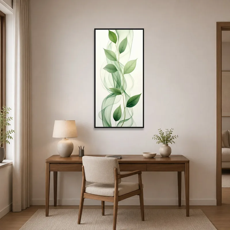 Home office styled with vibrant green leaf art with wavy accents for a refreshing look.