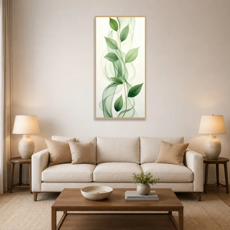 A living room with art of graceful green leaves with soft wavy accents on a main wall.