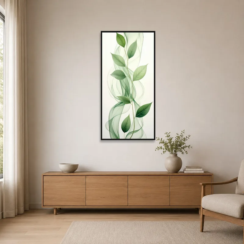 Minimalist room featuring art of green leaves with subtle wavy patterns for a clean aesthetic.