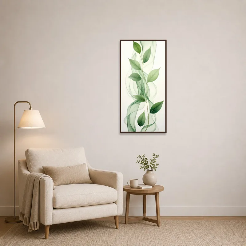 Reading corner displaying art of soft wavy green leaves, creating a calming atmosphere.