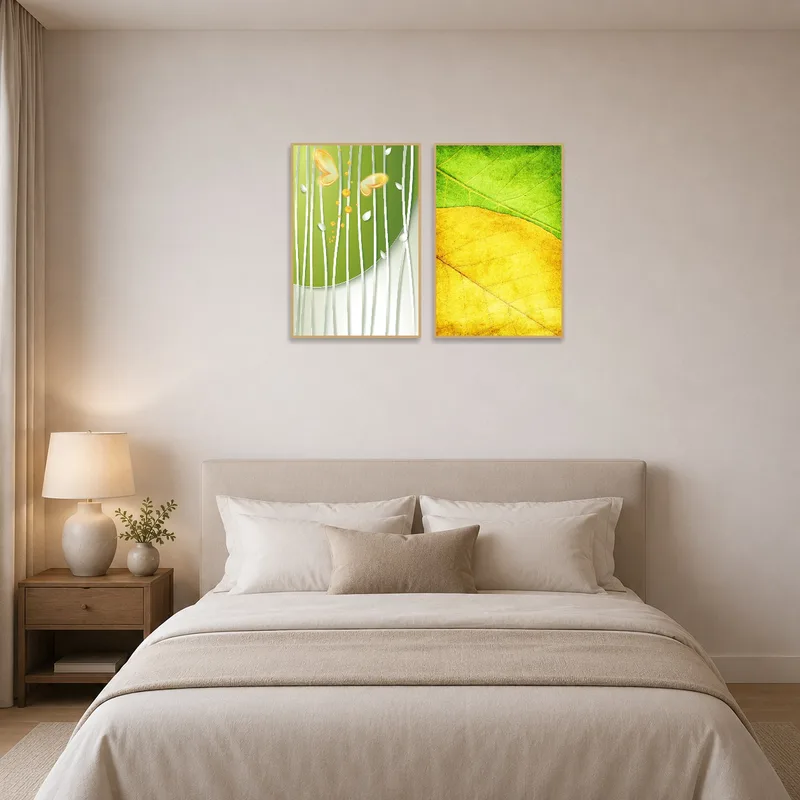 Bedroom wall adorned with calming green and yellow abstract art.