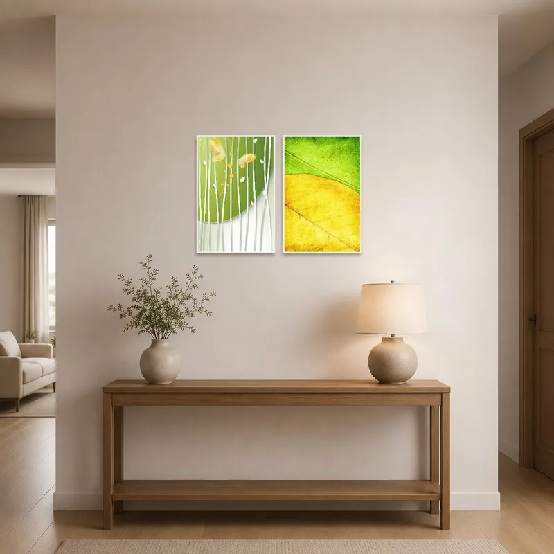 Abstract nature prints greet guests in an entrance hall with warm colors.