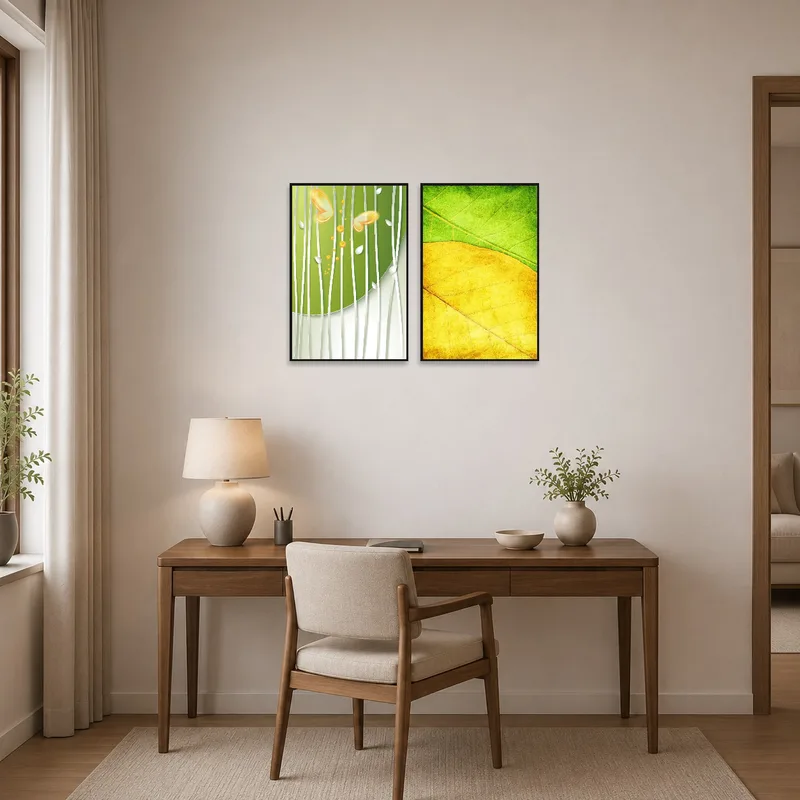 Green and yellow nature prints bring life to a stylish home office.