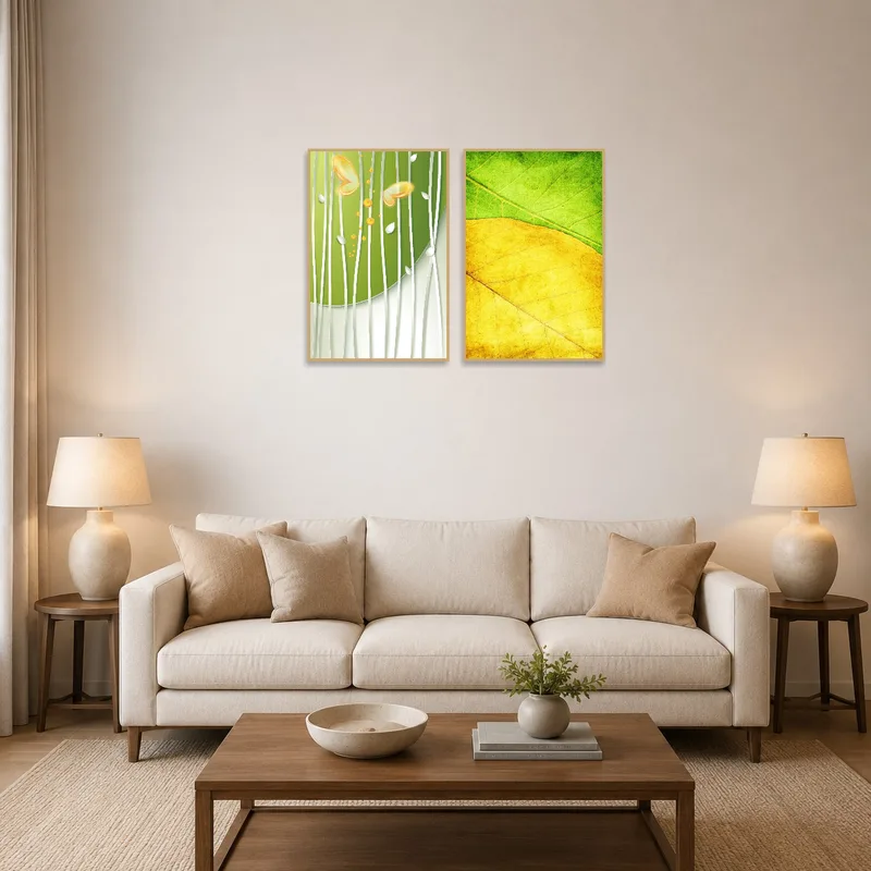 Green and yellow abstract prints on a living room wall above a modern sofa.