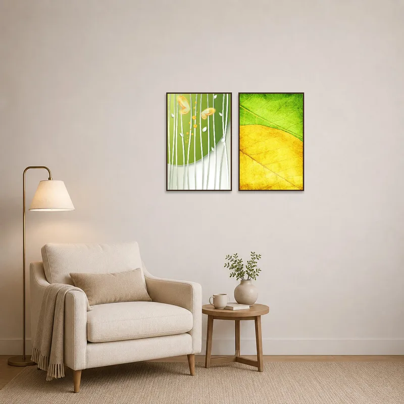 A cozy reading corner complemented by nature-themed prints on the wall.