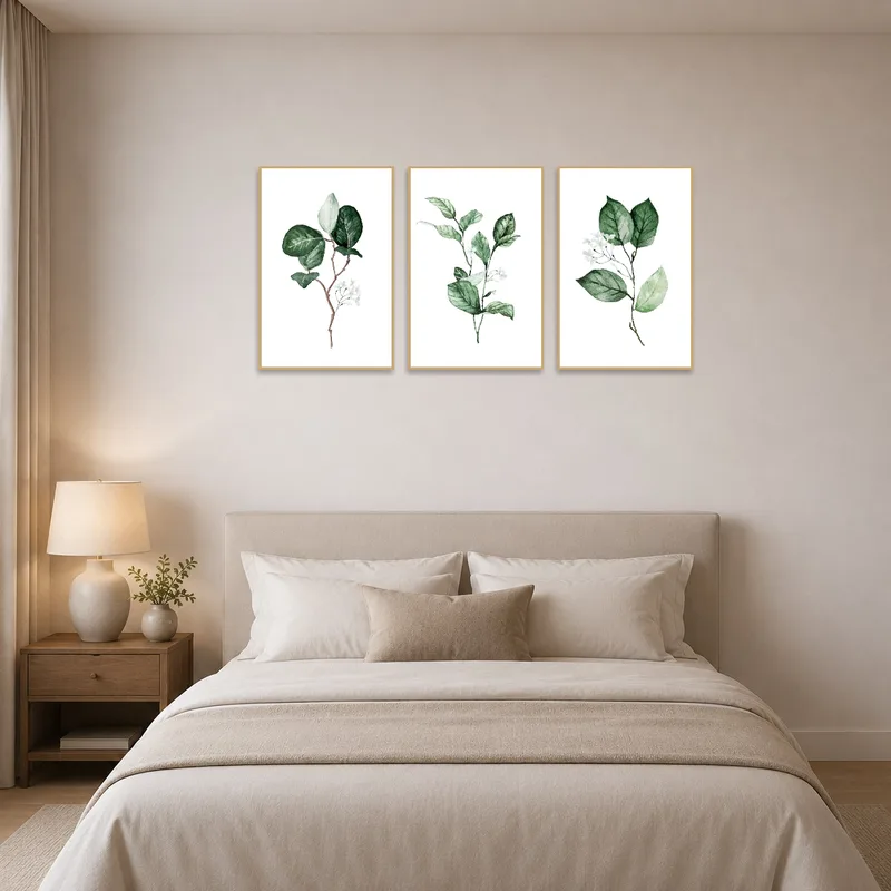 Green botanical watercolor triptych adding a touch of nature to a serene bedroom space.