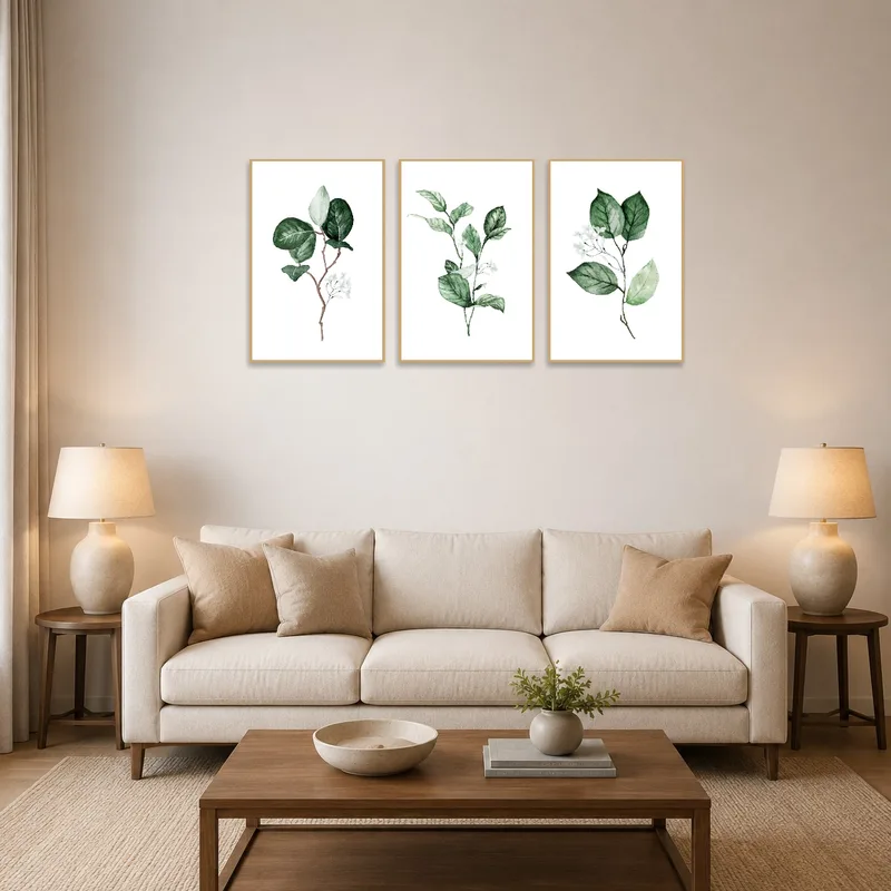 A triptych of green botanical watercolors on a living room wall above a comfortable sofa.