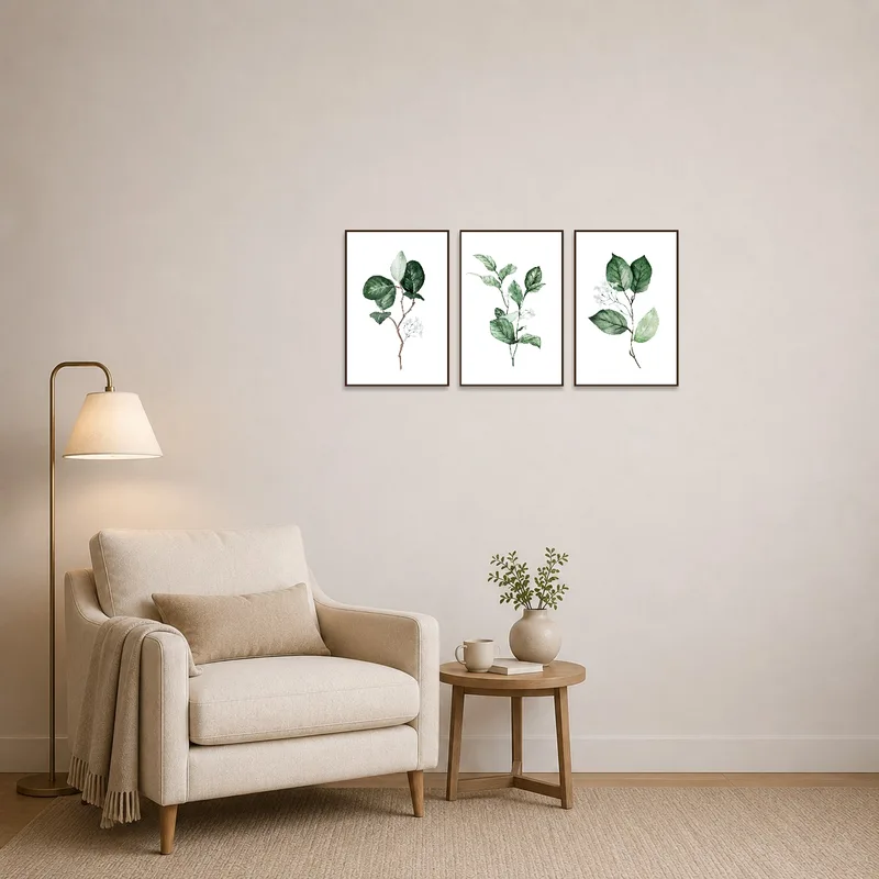 Cozy reading corner enhanced by a green botanical watercolor triptych set on the wall.