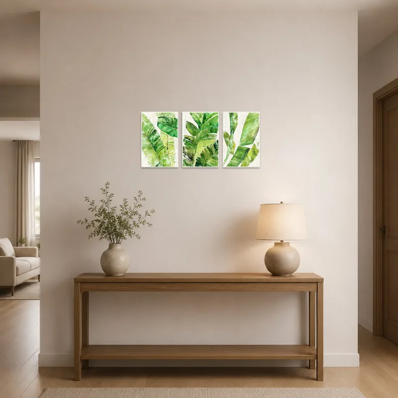 Foliage art set greeting guests in a bright entrance hall.