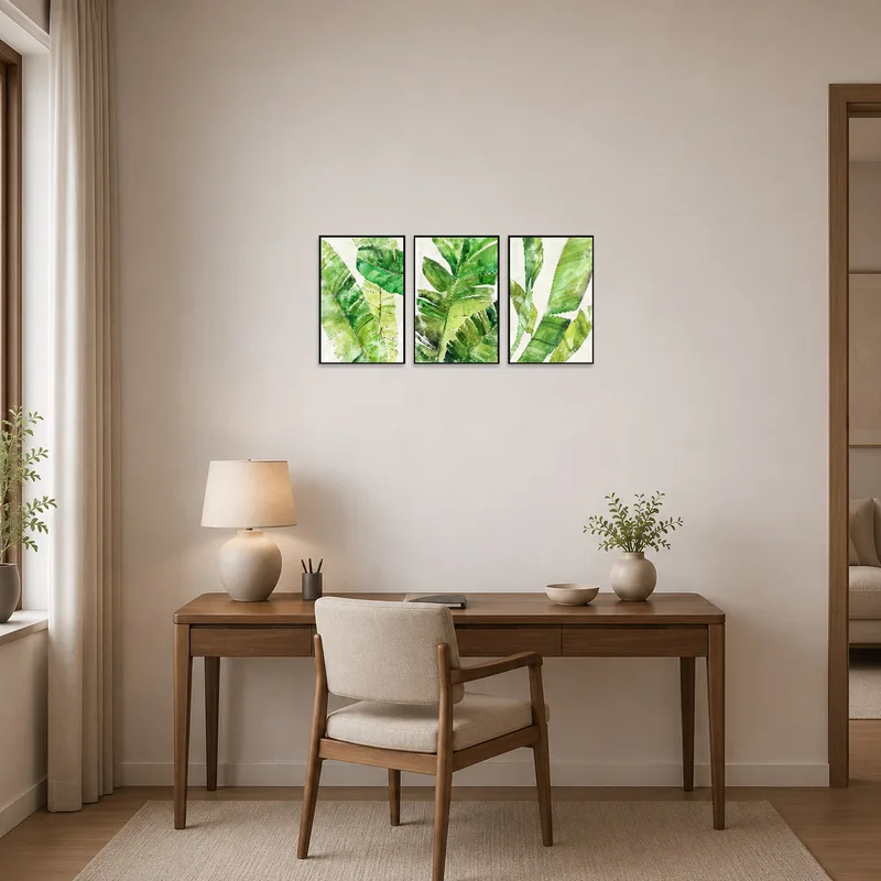 Botanical art set bringing nature indoors to a home office space.