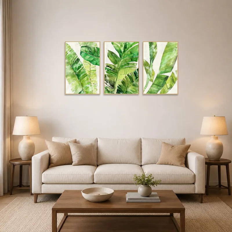 Green foliage art set on a living room wall above a modern sofa.