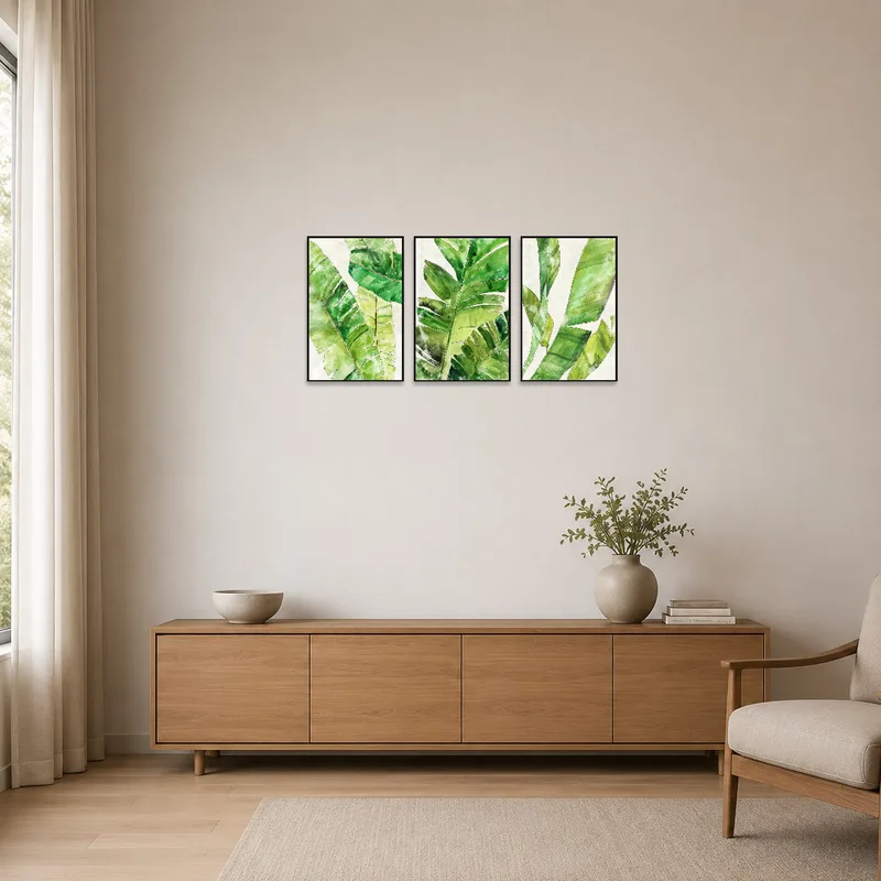 Botanical art set adding a touch of green to a minimalist white room.
