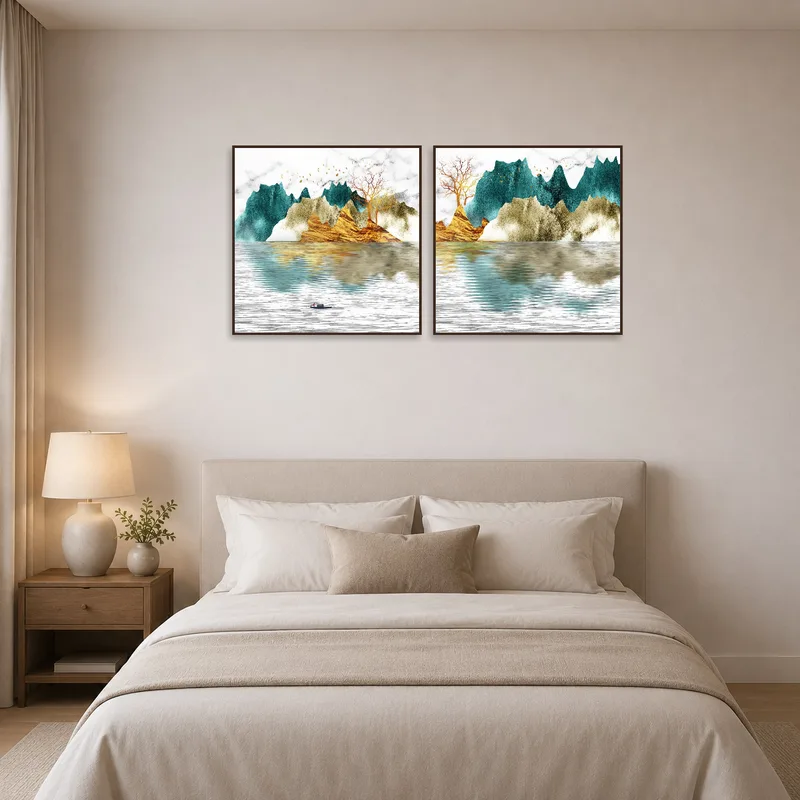 Harmonious landscape set creates tranquility in the bedroom.